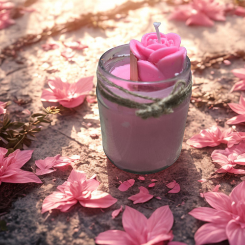 cam bardak karışık meyve kokulu  gül dekorlu mum