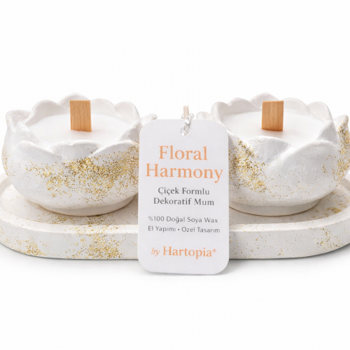 Çiçek Formlu El Yapımı Soya Mum & Alçı Dekor Seti-Hartopia