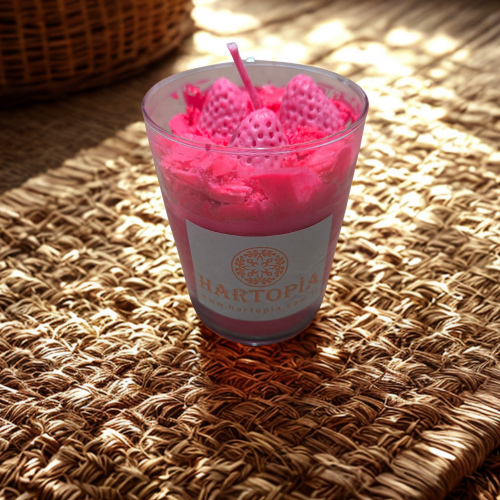 cam bardak çilek kokulu çilek dekorlu mum