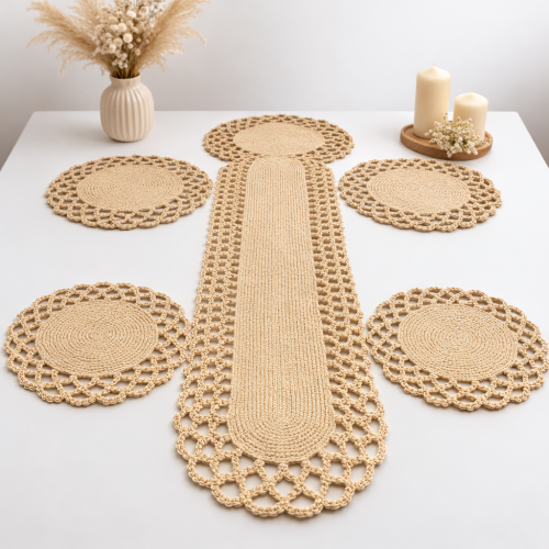 Hartopia Aurelia El Örgüsü Sofra Runner & Servis Seti – Bej & Krem Seçenekli