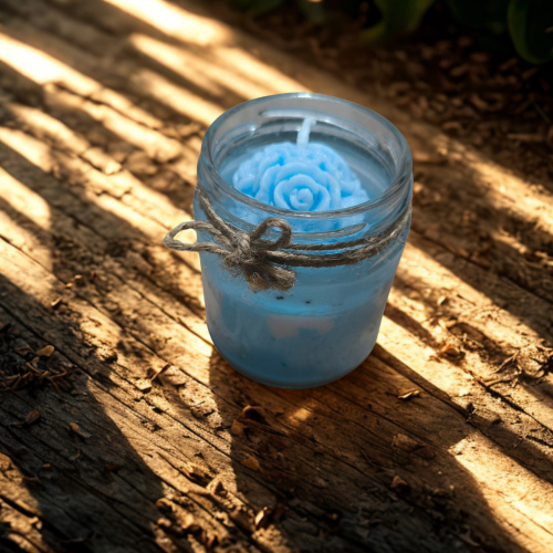 cam bardak kokusuz gül dekorlu mavi mum